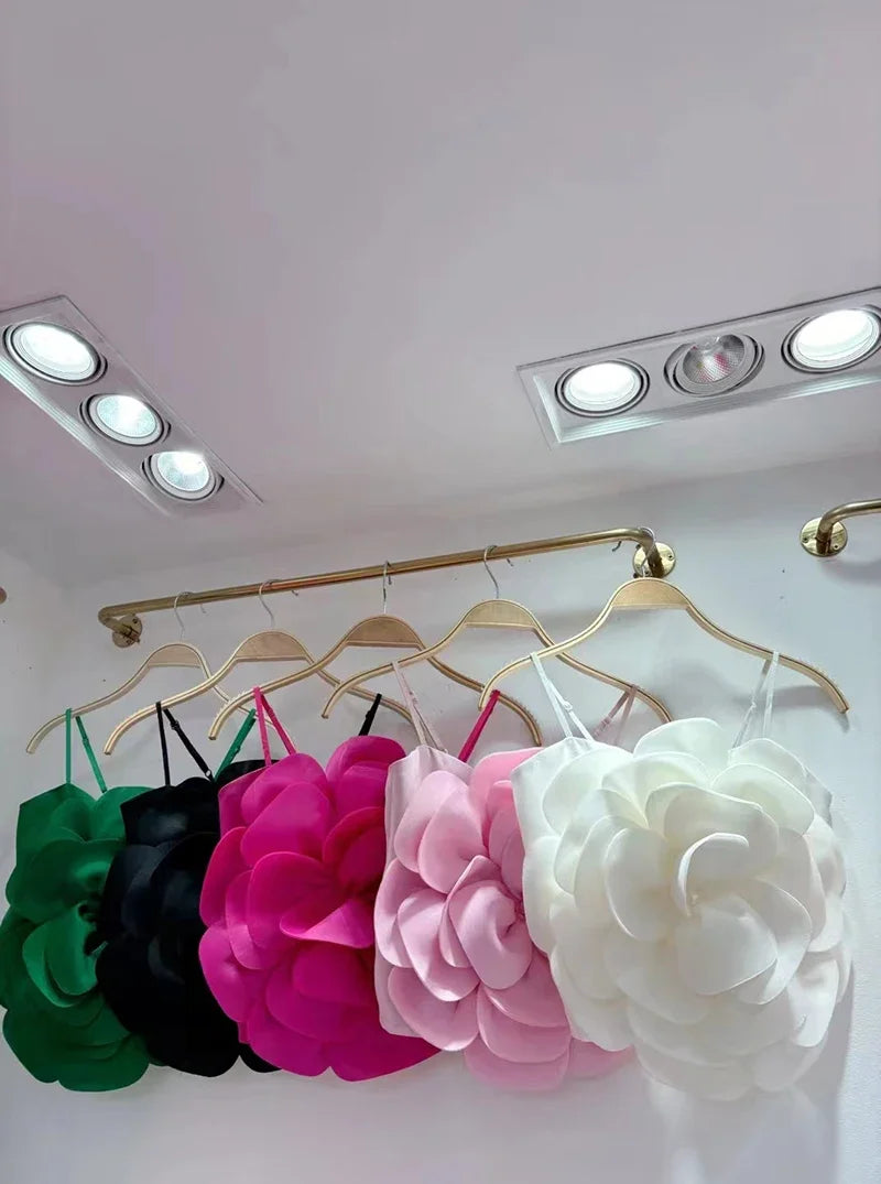 2026 3D Floral Spliced Designer Sling Tops Solid Color Backless Slim Sexy Vest Fashion Summer New Clothing