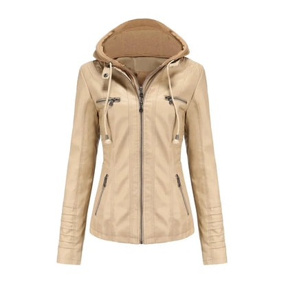 Women’s hooded jacket coat set, detachable design, faux leather, spring autumn, regular fit, L–XXL
