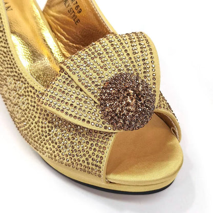 Italian Design Girly Style Golden Color Wedding Shoes And Bag Full Diamond Decoration Metal Closure Bags