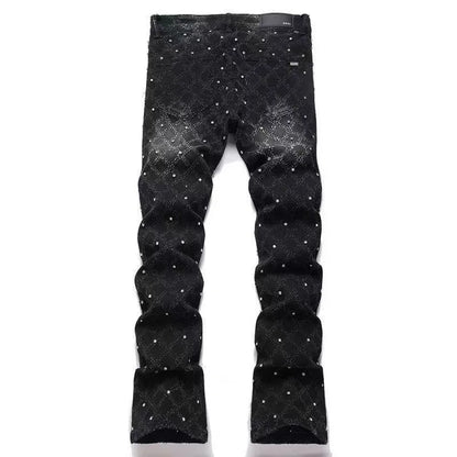 Autumn and Spring New Fashion Trend Retro High Street Printed Elastic Denim Pants Men's Casual Sports High Quality Jeans