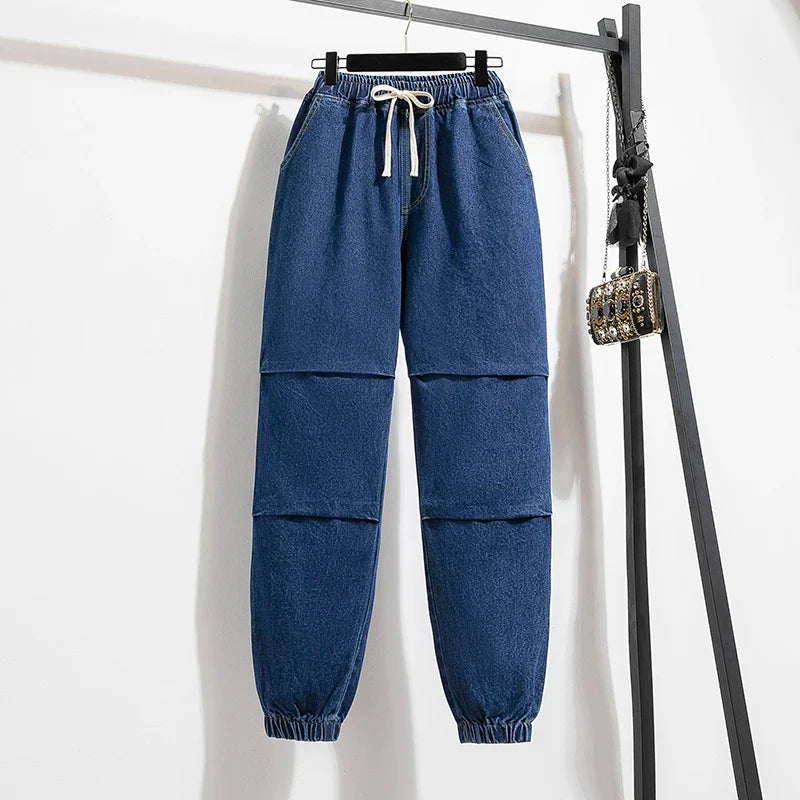 2025 Summer Women Plus Size Jeans Drawstring Elastic Waisted Harun Jeans Vintage Washed Cotton Oversized Trousers Y2k Pants