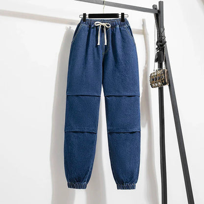 2025 Summer Women Plus Size Jeans Drawstring Elastic Waisted Harun Jeans Vintage Washed Cotton Oversized Trousers Y2k Pants