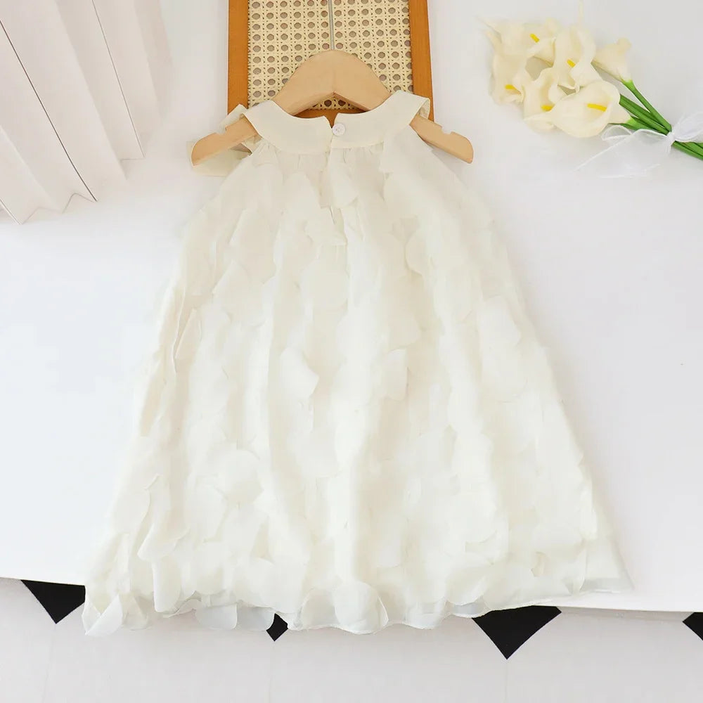 Summer New Pure White Sweet Hanging Neck Bow Petal Princess Dress Girls' Casual Clothes 2-7th Birthday Party Stage Wear