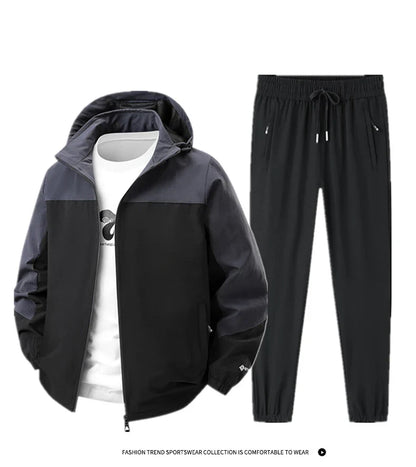 Men Spring Autumn Sport Set Comfortable Breathable Detachable Hooded Jacket Pant Set Training Morning Fitness Running Sport Suit