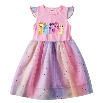 My Little Pony Baby Girls Dress Children Cartoon Mesh Star Sequins Princess Dress Kids Flying Sleeve Skirt For Daily Gift