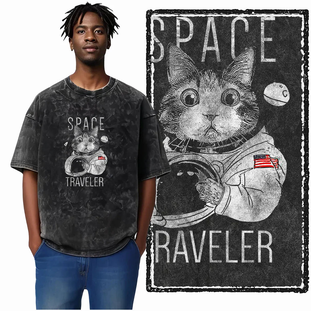 cat Printed Cotton Acid Washed Exclusive Graphic Unisex T Shirt Cool Streetwear Men Tshirts Big Size Tee for men