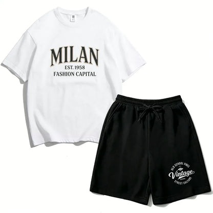 Summer Boys Cotton T-Shirt Shorts Set Casual Kids Milan Graphic Print Short Sleeve Suit Children's Outfit 2026 ML1