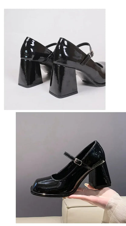 Ladies Summer Black New Small Leather Shoes Mary Janes Vintage Buckle Non-Slip Sandals Woman Medium Heels Casual Elegant Heels