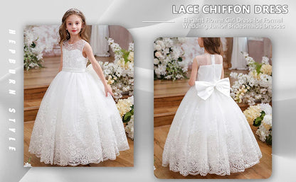 lower Girl Dress Embroidery Tulle Lace for Kid Bridesmaid Birthday Party Communion Formal Princess Bow Ball Gown