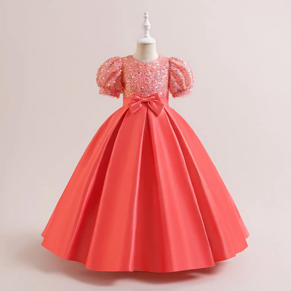 Summer Sequin Bridesmaids Party Girl Dress Elegant Bow Wedding Princess Prom Kids Dress For Girls Gala Birthday Evening Costumes