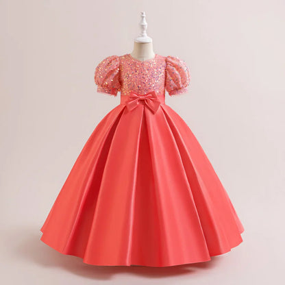 Summer Sequin Bridesmaids Party Girl Dress Elegant Bow Wedding Princess Prom Kids Dress For Girls Gala Birthday Evening Costumes