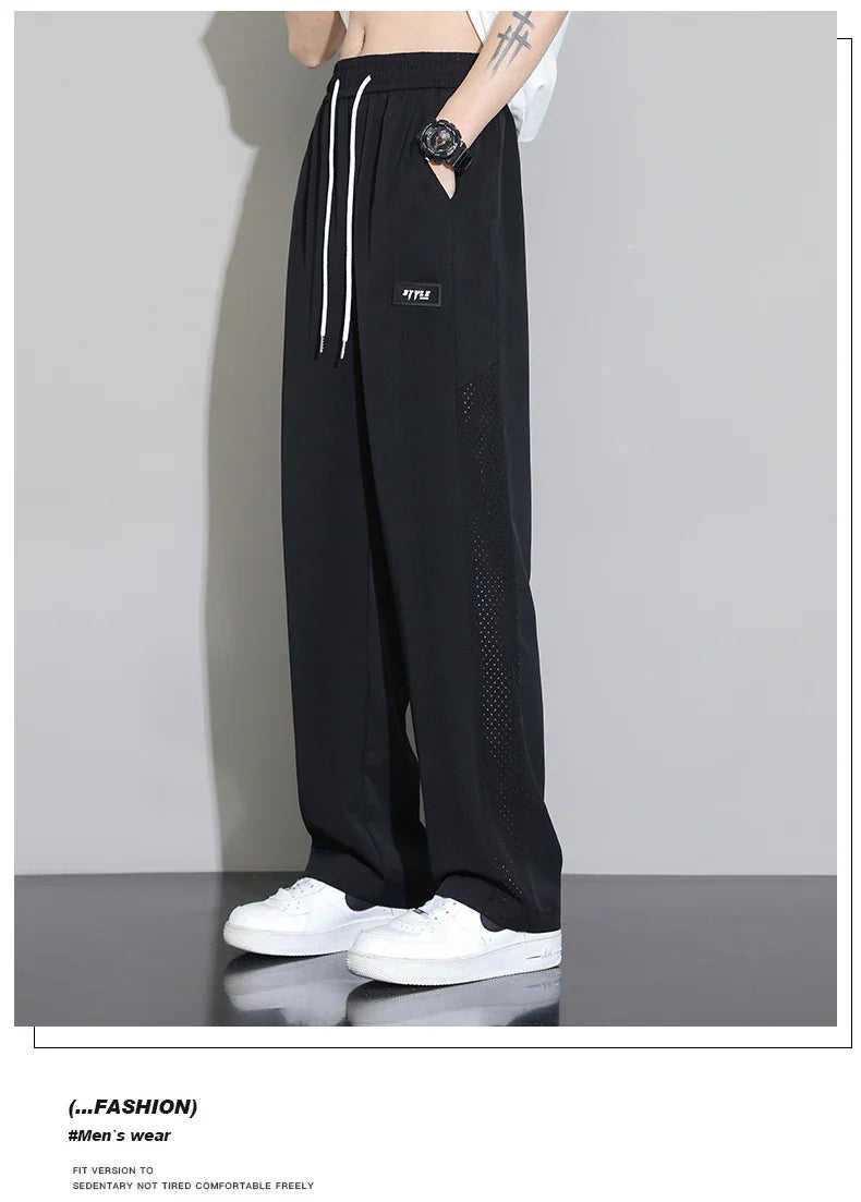 Men's Ice Silk Pants Summer Thin Style Drape Effect Loose Straight Casual Long Pants Trendy Brand Wide‑Leg Sports Pants for Boys