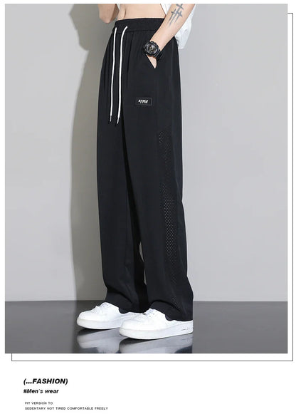 Men's Ice Silk Pants Summer Thin Style Drape Effect Loose Straight Casual Long Pants Trendy Brand Wide‑Leg Sports Pants for Boys