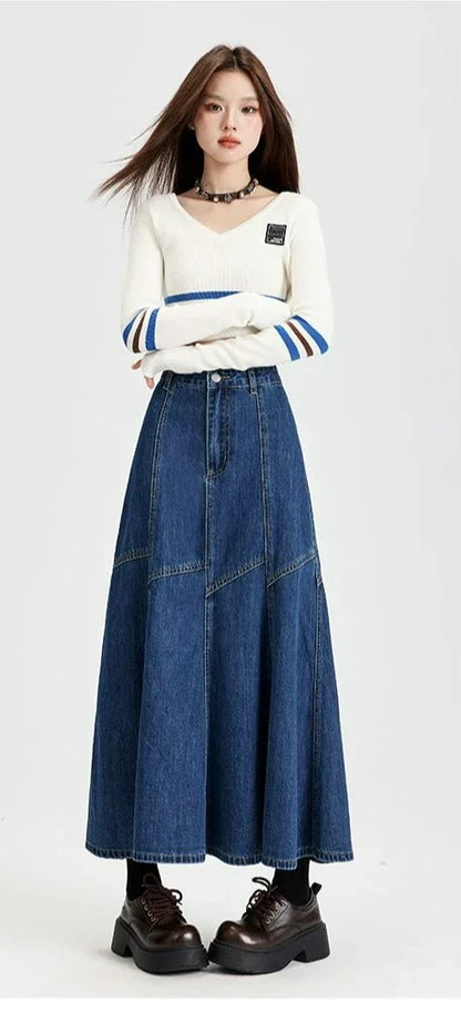 Women Blue A-line Denim Skirt Vintage Aesthetic Y2k Patchwork New Jean Skirt Harajuku Korean Cowboy Skirts 2000s Clothes Summer
