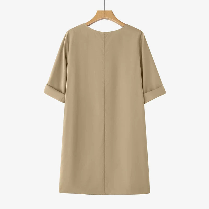 Elegant Women Party Dress 2026 Summer Fashion 3/4 Sleeve Casual Shirt Vestidos Pockets Loose Solid Knee-length Sundress