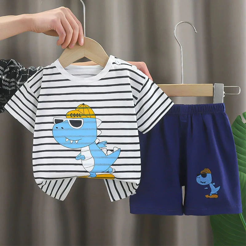 2Piece Summer Boys Clothing Korean Casual Cartoon Cute Print Short Sleeve Baby Tops+Shorts Kids Clothes Children's Sets B207