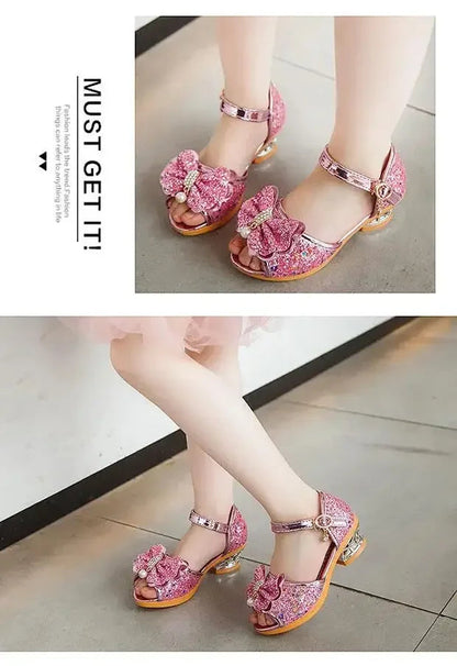 Girls Sandals Summer 2023  New Children's Princess Shoes Little Girls High-heeled Bow-knot Crystal Sandals Party Dress Wedding