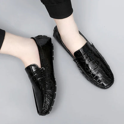 Patent Leather Loafers for Men, Crocodile Pattern, Korean Style, Trendy, Popular Casual Leather Shoes, Slip-On Loafers, Lazy Shoes