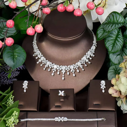 Leaf Water Drop 4pcs Necklace Pendant Set for Women Cubic Zirconia Dubia Nigeria Bridal Wedding Jewelry Set Bijoux S-351