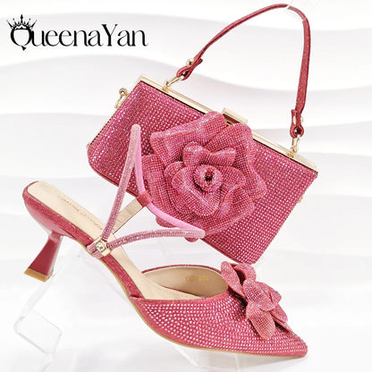 Large Flower Design Shoes & Bag Nigerian Coffee Color Women's Stiletto Shoes For Special Good Time INS Style