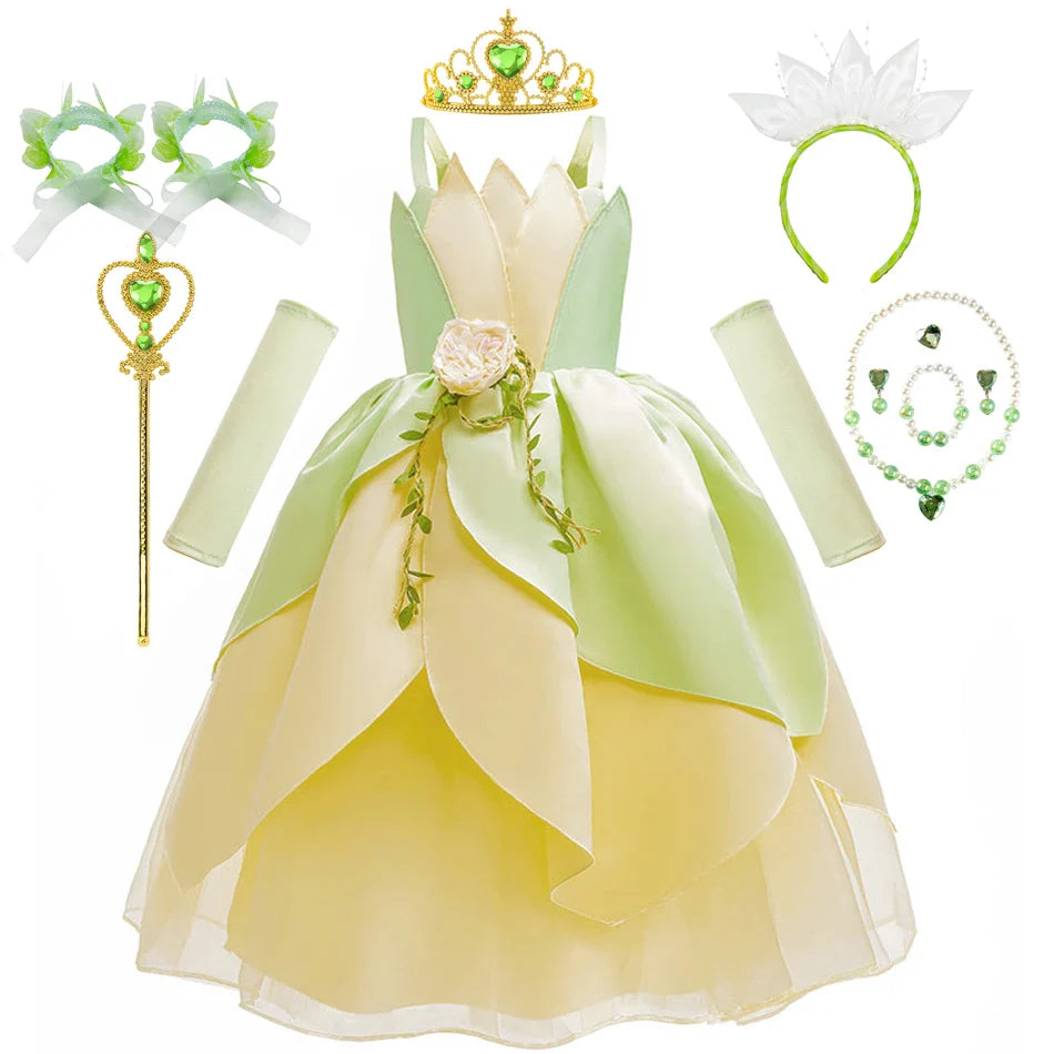 Kids Girl Tiana Dress for Girls Birthday Party Halloween Ball Gowns Evening Birthday Fancy Layered Costume Floral Fairy Clothing