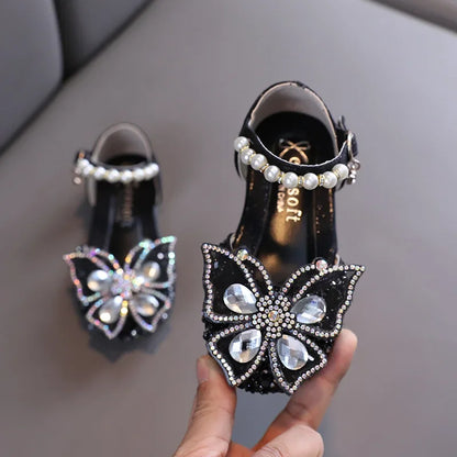 Kids Sandals for Girls Spring Summer Children Rhinestone Butterfly Dress Flat Sandals Fashion Causal Princess Pearl Single Shoes