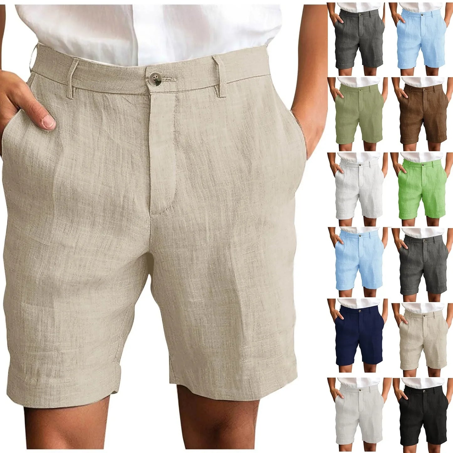 2025 Summer Cotton Linen Shorts for Men Solid Casual Button Pocket Beach Shorts Men's Comfortable Simple Vacation Leiture Pants
