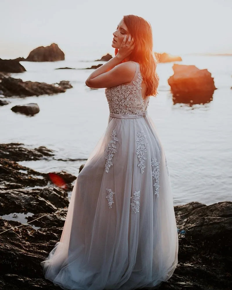 A-line V-neck Tulle Sleeveless Zipper Up Long Prom Applique V Neck Evening Gowns Formal Elegant And Pretty Women's Dresses