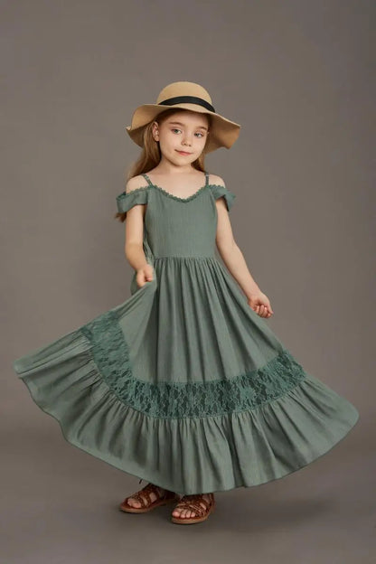 New Summer Strap Ruffle Girls Solid Color Slip Floor Long Dress Baby Kids Evening Party Dress Cloting for 4 6 7 8 10 12 Year