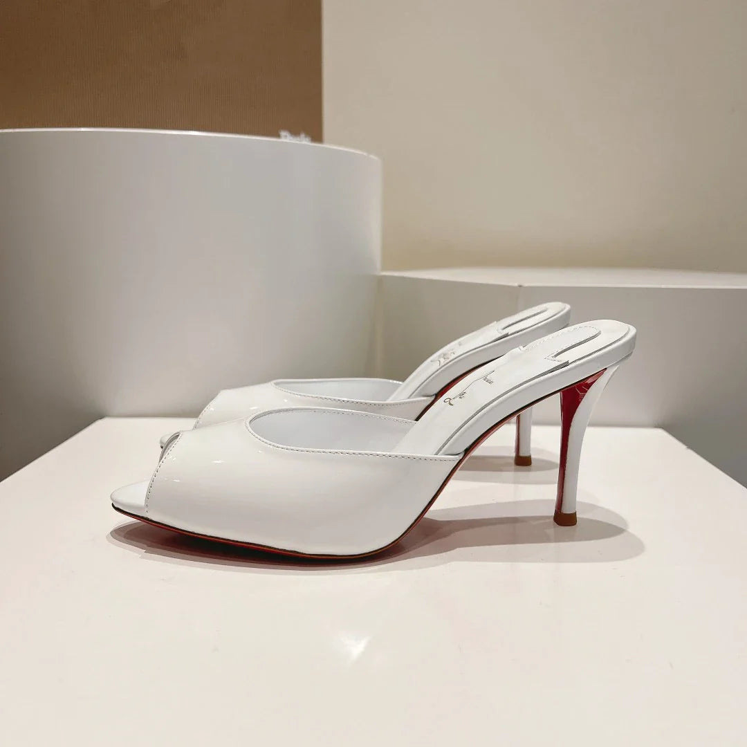 New patent leather nude high heels stiletto round head open-toed fish mouth shoes sexy outer slippers women's muller shoes