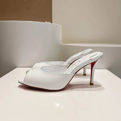 New patent leather nude high heels stiletto round head open-toed fish mouth shoes sexy outer slippers women's muller shoes