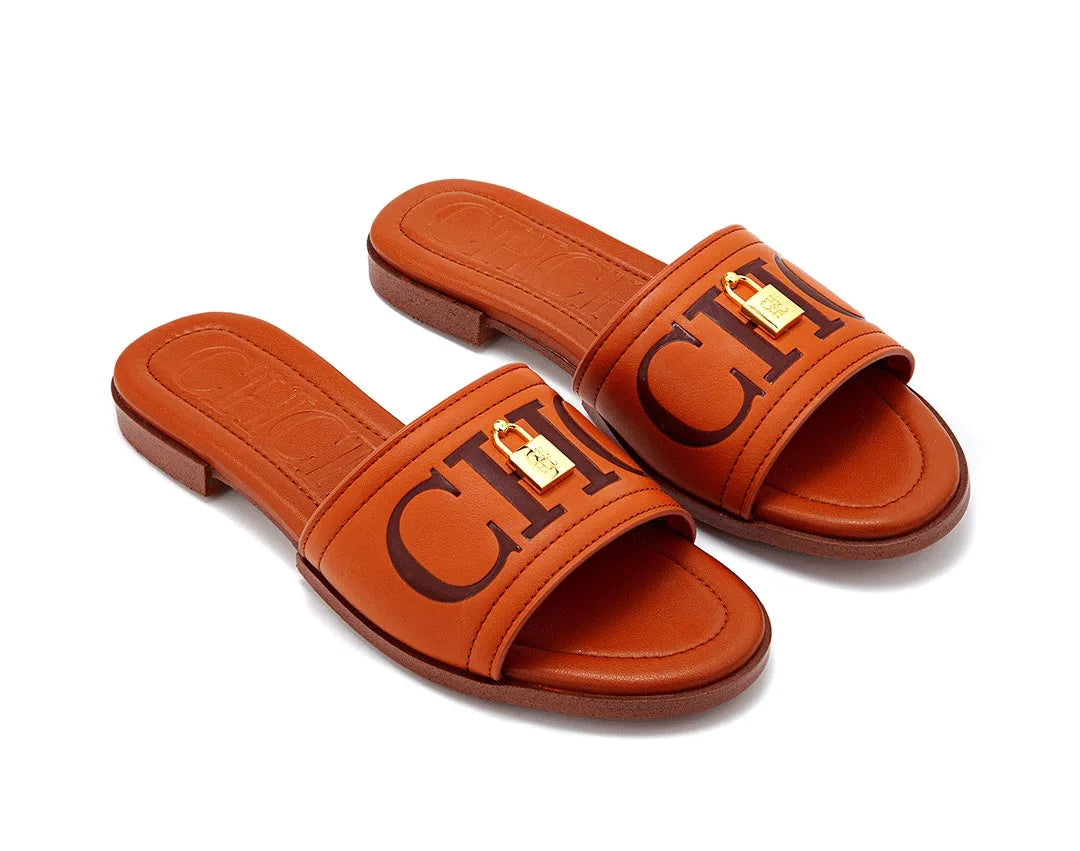 Fashion Monogram Print Elegant Design Women's Low Heeled Slippers Solid Color High Quality Metal Lock Simple Single Shoes