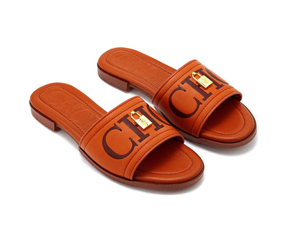 Fashion Monogram Print Elegant Design Women's Low Heeled Slippers Solid Color High Quality Metal Lock Simple Single Shoes