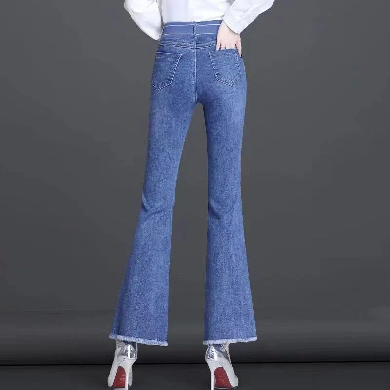 Elastic Waist Flare Nine Points Boot Cut Women Clothing Jeans