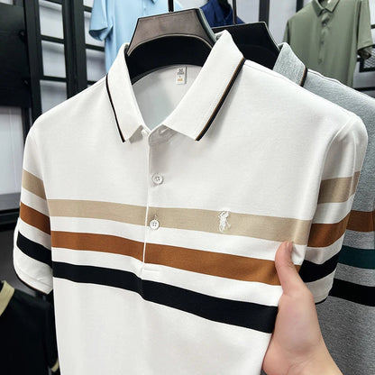 Boutique cotton short sleeve men's polo shirt 2025 summer fashion striped high-end flip collar top casual youth business T-shirt