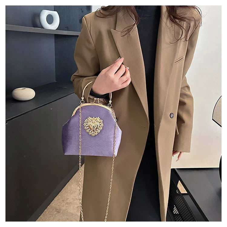 Velvet Frame Heart Dinner Hand Bags Diamonds Chains High Quality Shoulder and Crossbody Bags for Women 2024 Fashion Hot Sale