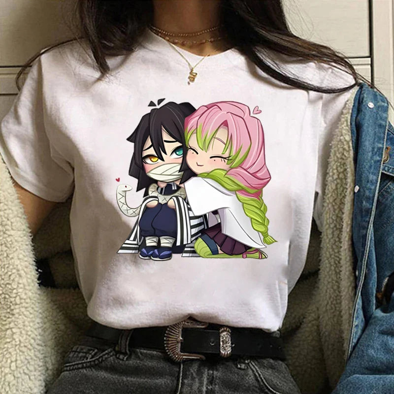 Funny Kanroji Mitsuri Iguro Obanai Cartoon Print T-Shirt Couple Loose Short Sleeve Round Neck Top Anime Casual Shirt Tees