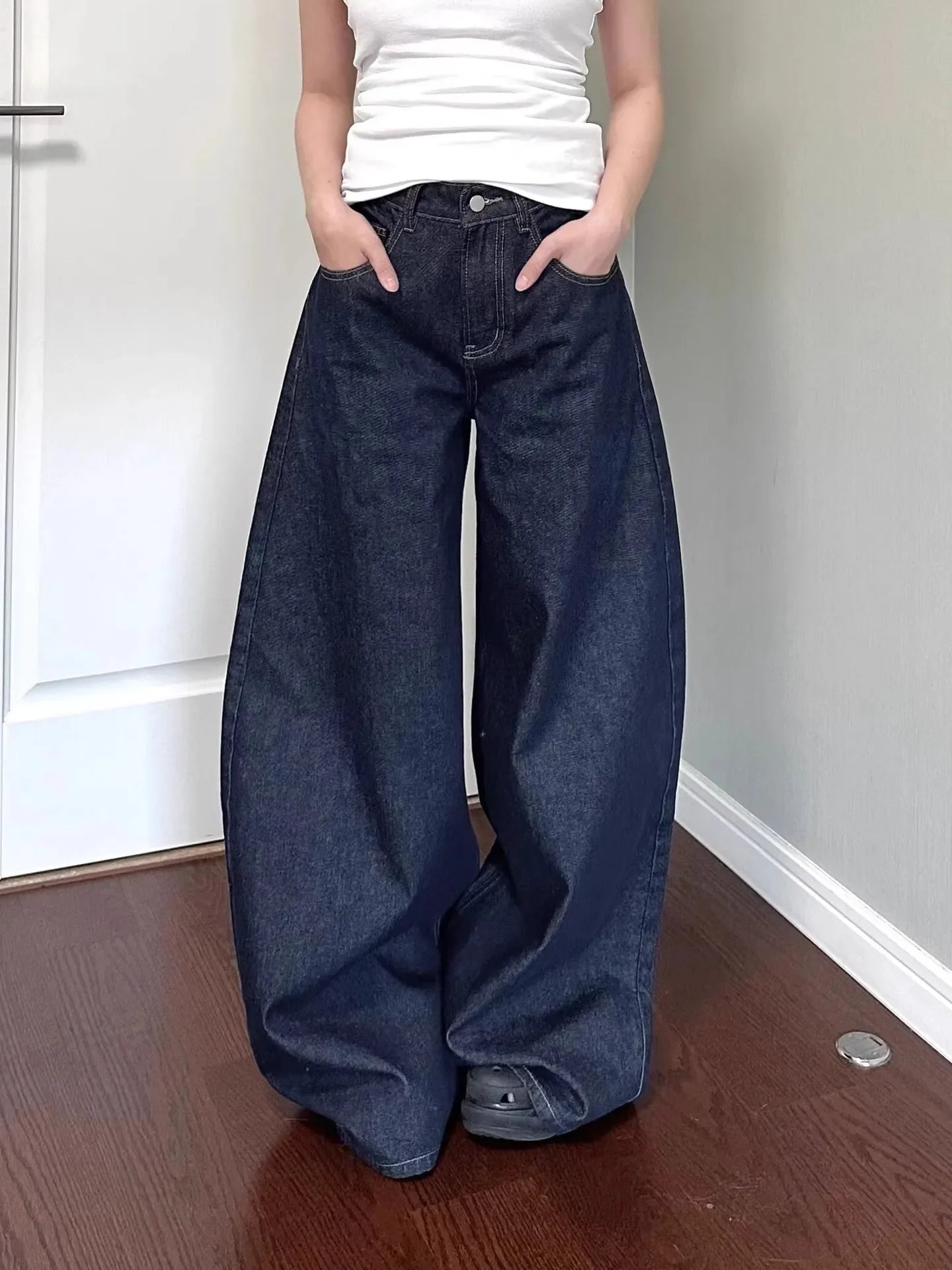 Casual Dark Blue Wide Leg Denim Jeans