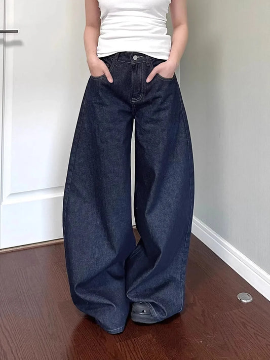 Casual Dark Blue Wide Leg Denim Jeans