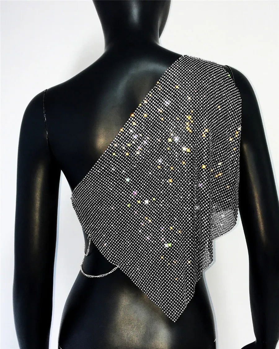 Shiny Rhinestone Metal Camisole For Women Sexy Backless Single shoulder Side Split Tank Tops Cocktail Party Club Crop Top Y2K