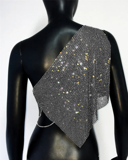 Shiny Rhinestone Metal Camisole For Women Sexy Backless Single shoulder Side Split Tank Tops Cocktail Party Club Crop Top Y2K