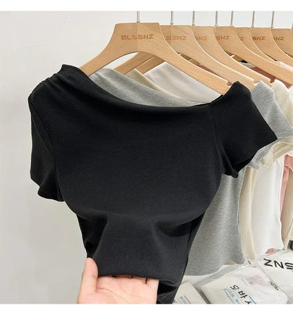 Womens Long Sleeve Off Shoulder T Shirts 2026 Tight Knit Sexy Slim Fitted Casual Women's Basic Tops Cropped T-Shirt
