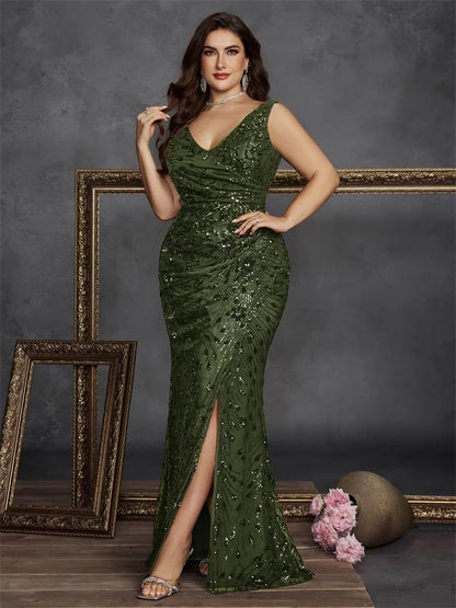 Plus Size Elegant V-back Slit Sequins Formal Evening Dresses 2026 Luxury Mermaid V-neck Cocktail Wedding Party Gowns