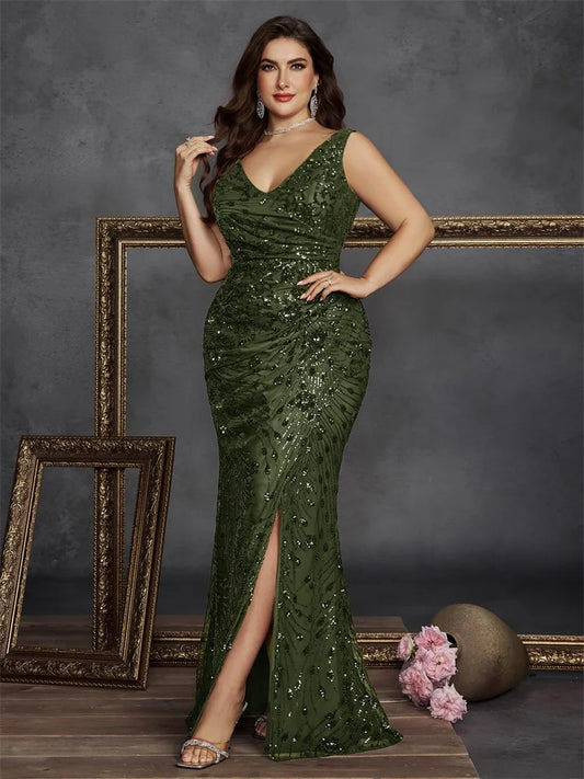 Plus Size Elegant V-back Slit Sequins Formal Evening Dresses 2026 Luxury Mermaid V-neck Cocktail Wedding Party Gowns