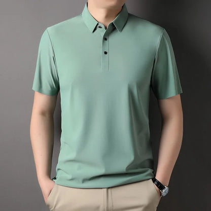 High quality wrinkle resistant ice silk short sleeve t-shirt men's summer Lapel loose casual solid color top high-end polo men