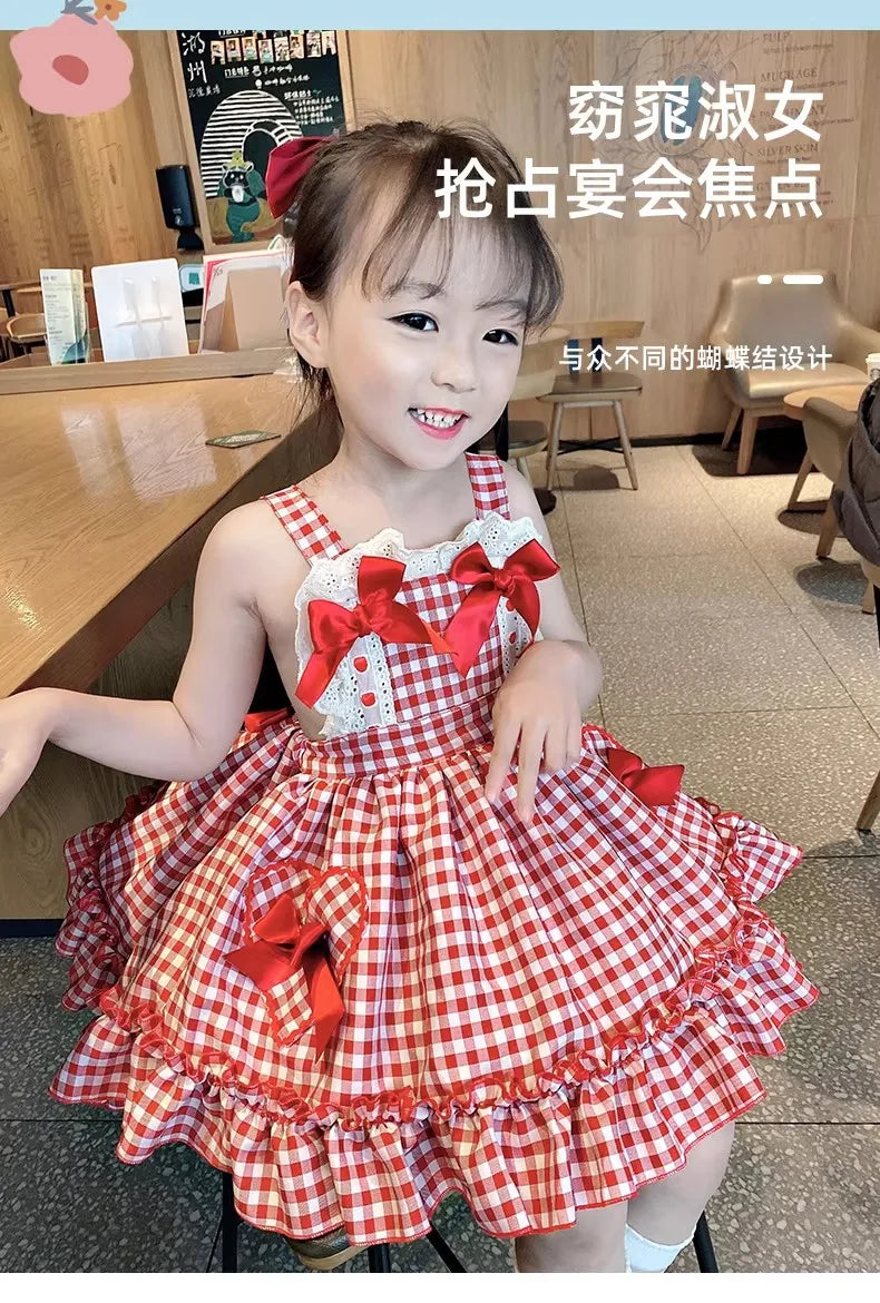 Girls' Lolita Dress, Summer Style, Stylish Plaid Princess Dress for Children, Baby Girl Summer Backless Suspender Dress