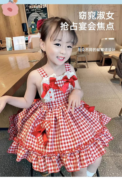 Girls' Lolita Dress, Summer Style, Stylish Plaid Princess Dress for Children, Baby Girl Summer Backless Suspender Dress