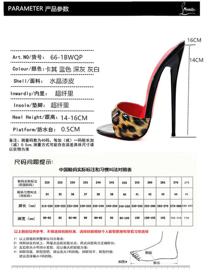 New 12cm fashionable high-heeled patent leather leopard print slippers with sexy open toed sandals, reversed size, 33-46