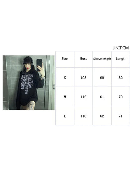 Halloween Women Spring Autumn Casual Hooded Coat Long Sleeve Skull Print Zipper Hoodie Grunge Long Sleeve Top Gothic Sweatshirt