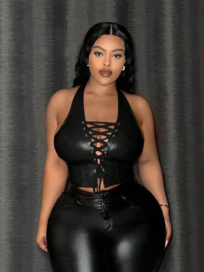 Sexy Leather Crop Top for Women with Hanging Neck Strap Hollow out Belted Waist Tight Strap Vest Large Size European Style